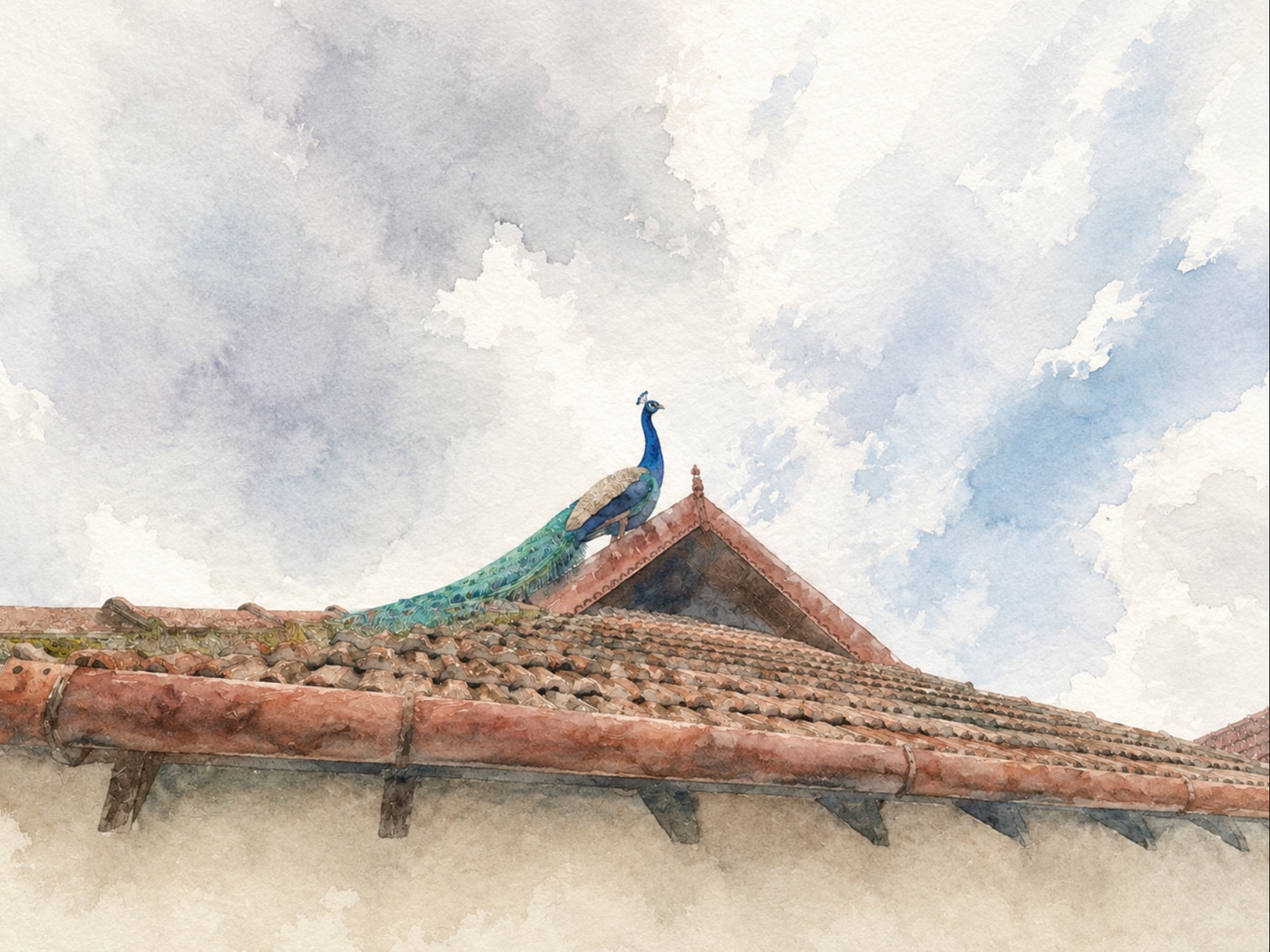 Watercolor view of a peacock on the tiled nalukettu roof