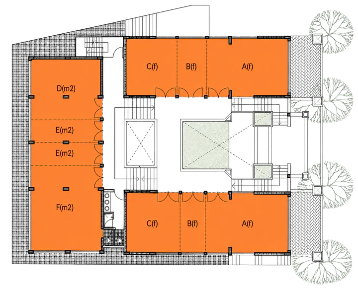 First floor plan showing units around the central court