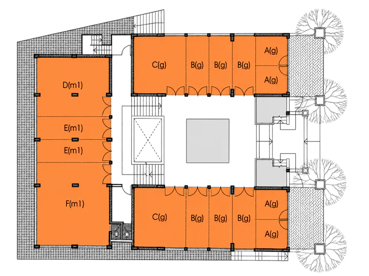 Ground floor plan showing units around the central court