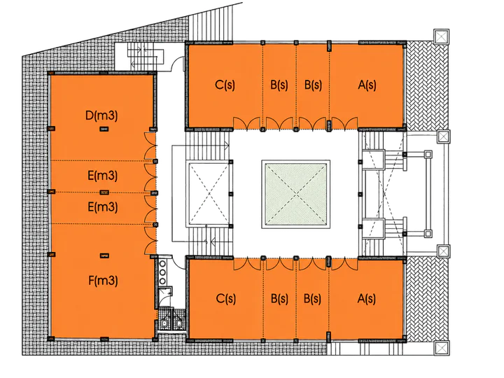 Second floor plan showing fully available units around the central court