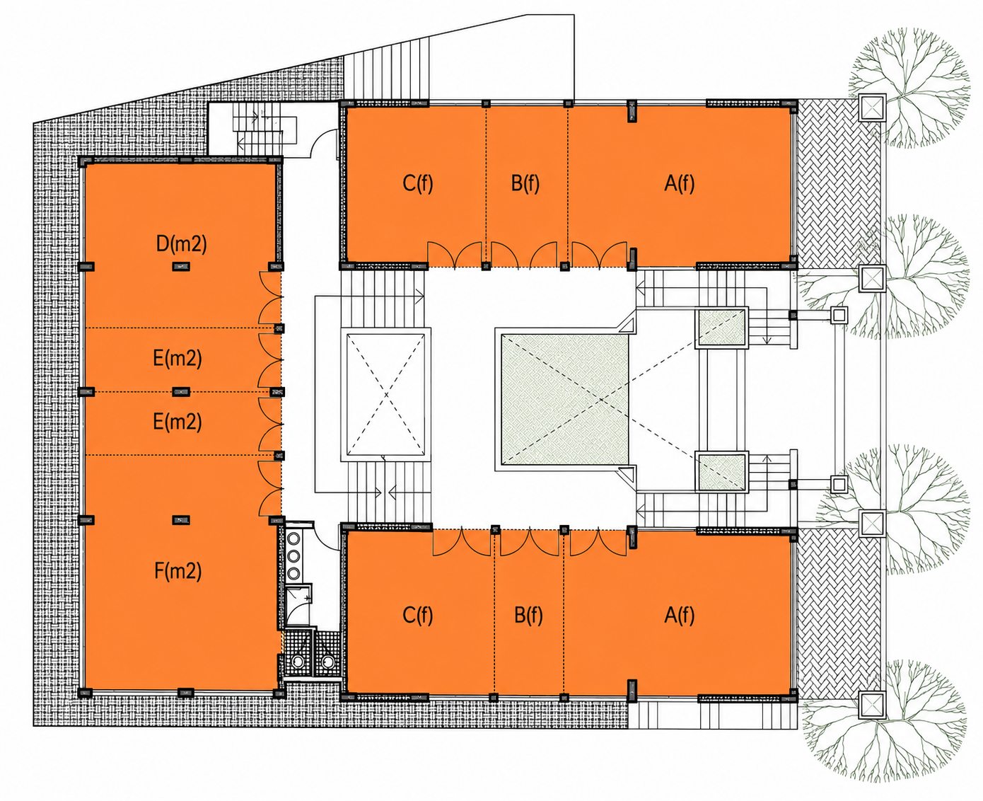 First floor plan showing units around the central court