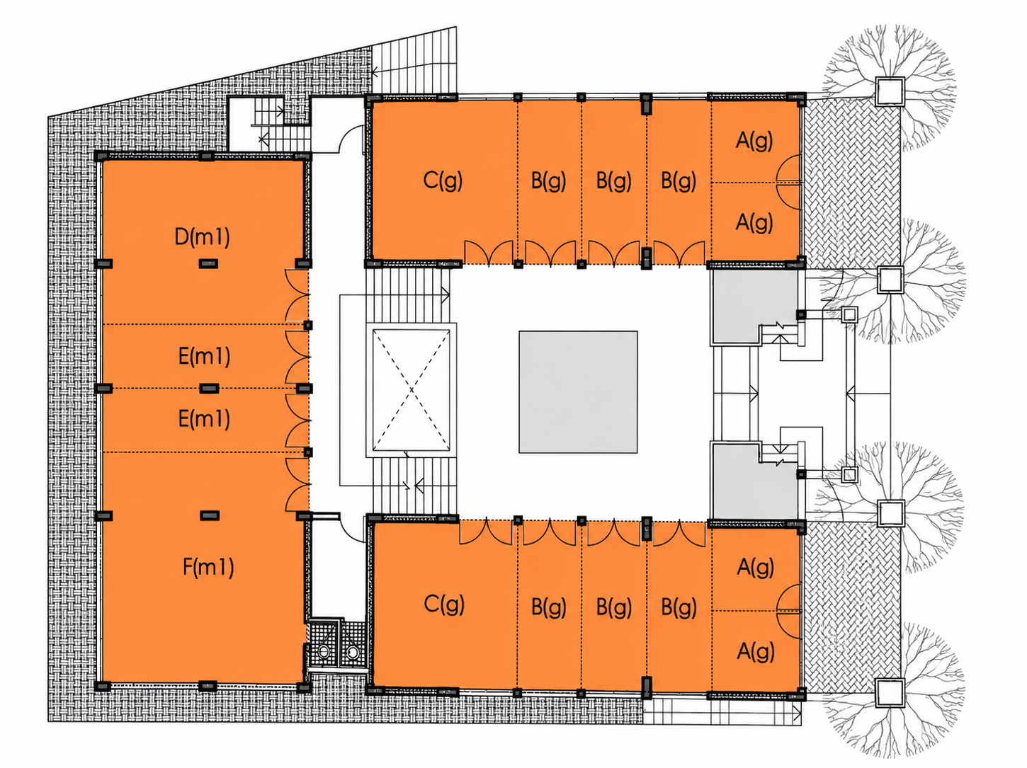 Ground floor plan showing units around the central court