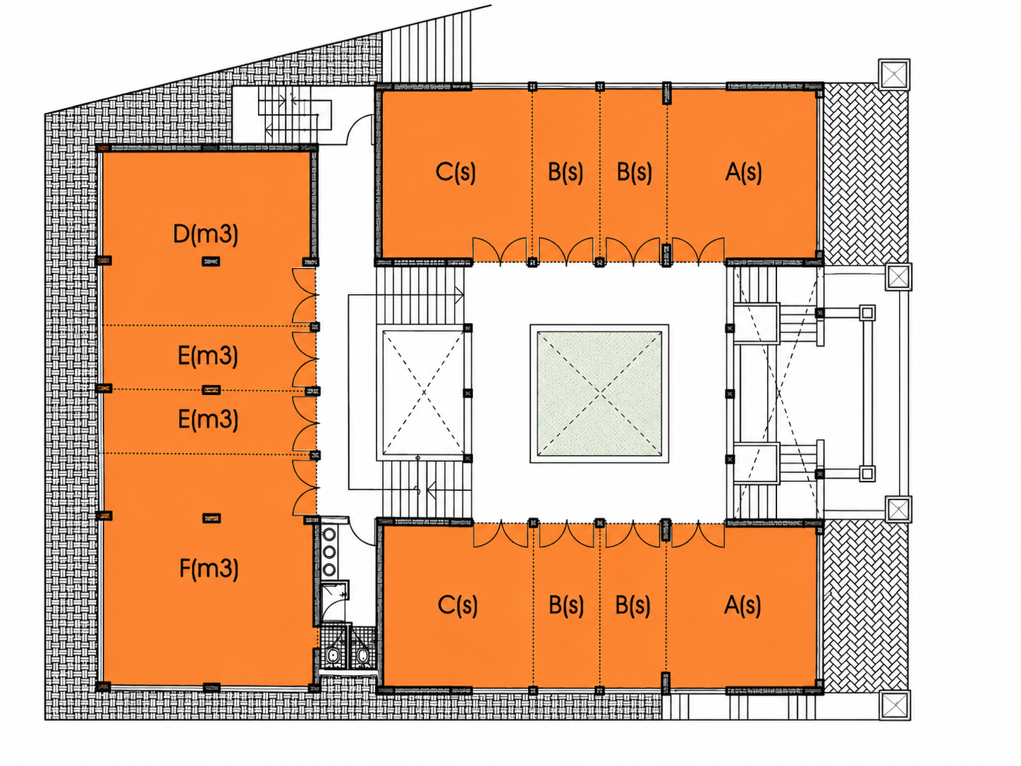 Second floor plan showing fully available units around the central court